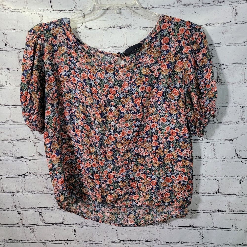 Rachel,‎ Blue Pink Floral Gauze Short Sleeve Blouse, Size L
